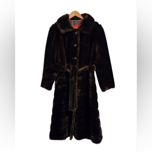 Vintage 1950s Tissavel France  Faux Brown Fur Coat with Fur Waistband - Picture 1 of 12